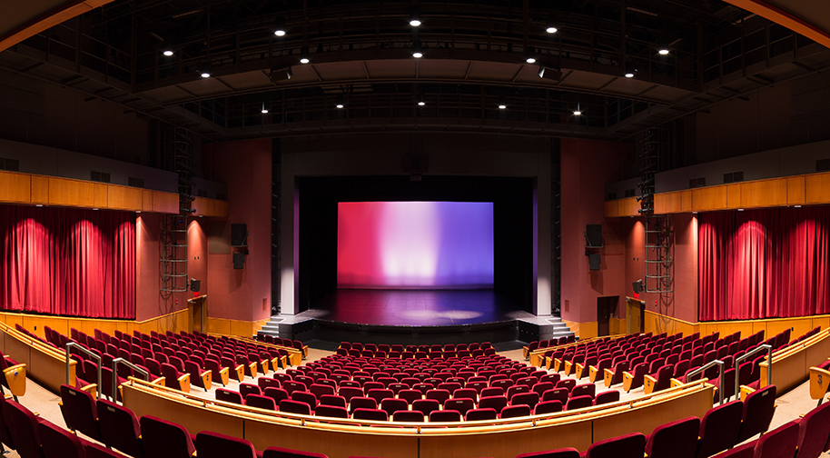 A wide-angle view of the intimate Tarkington theater from the last row of seating.