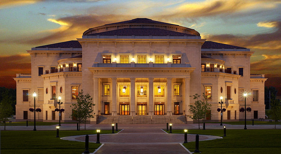 View of the Palladium from the South. As the sun sets, the Palladium lights up from within.