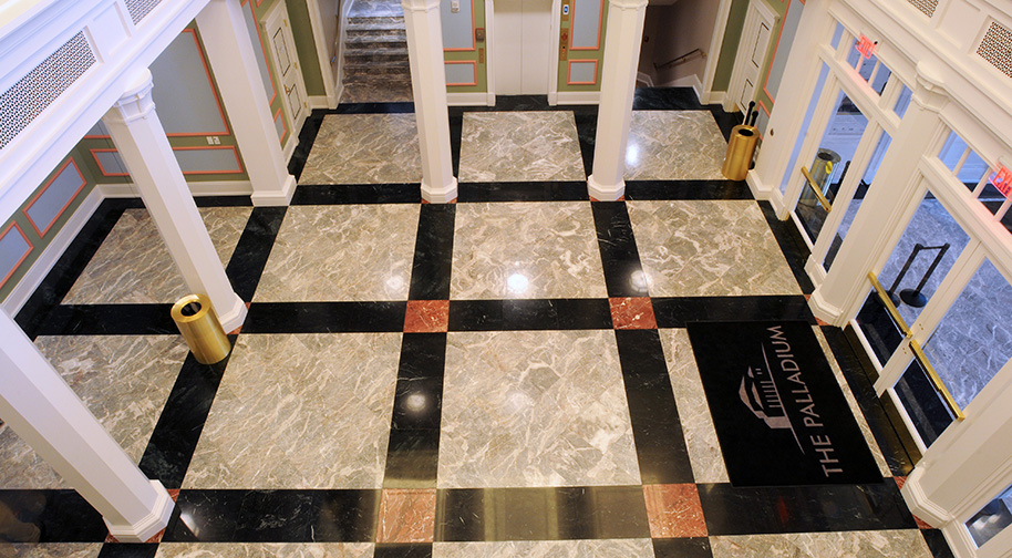 A view of the Palladium's West Lobby from the Box Tier above.