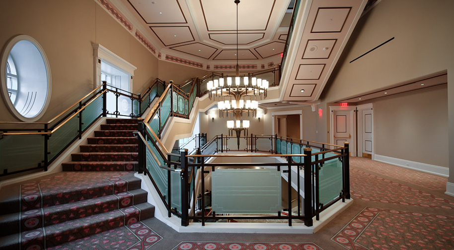 The grand staircase inside the Palladium at the Box Tier level.