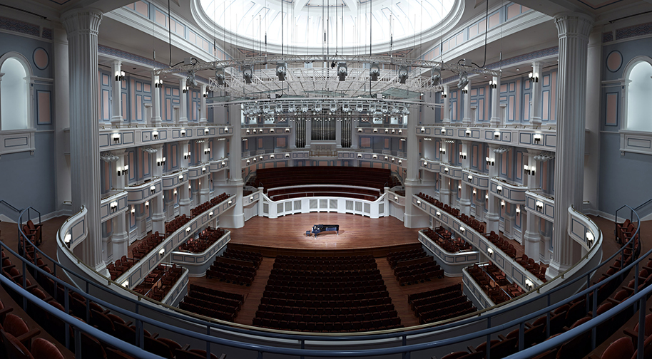 A wide-angle view of the beautiful Palladium concert hall from the last row of seating in the Gallery level.