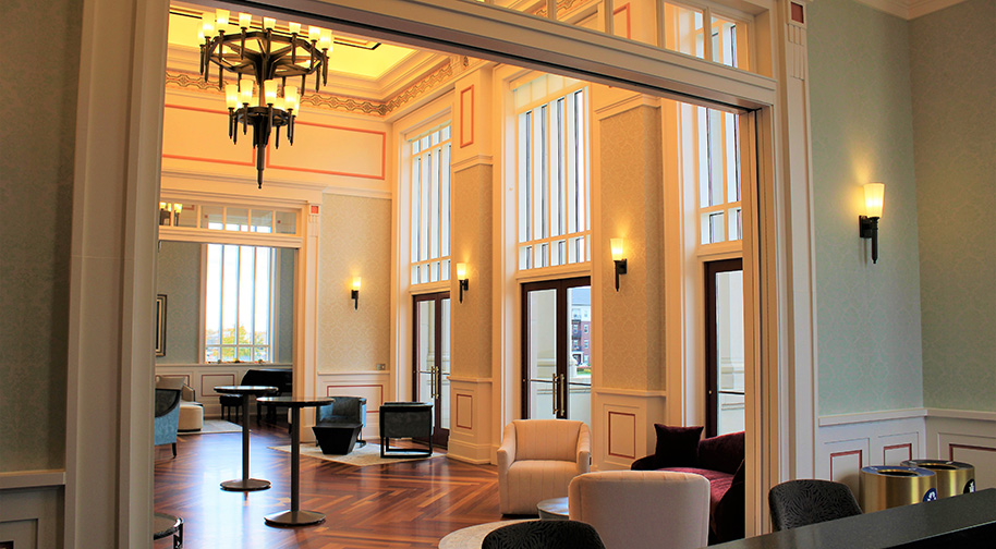 A view of the comfortable seating arranged in the West area of the Founders Club.