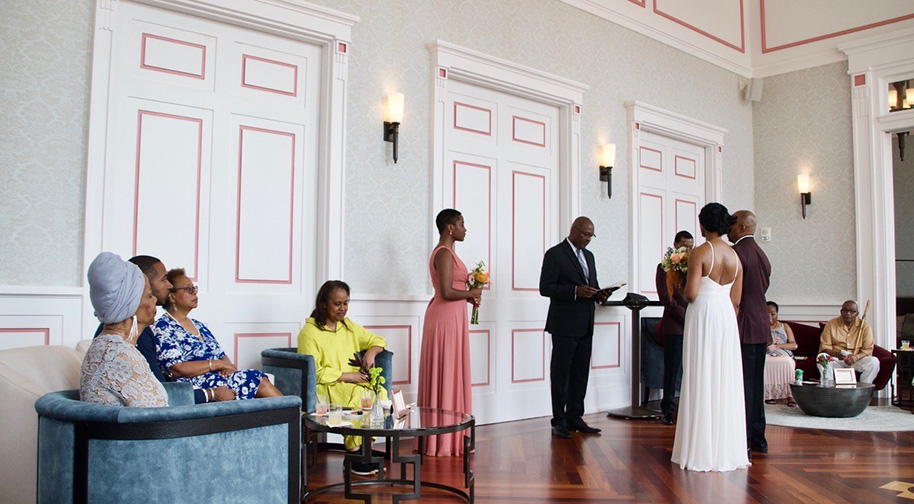 A wedding party prepares in the elegant Founders Club.