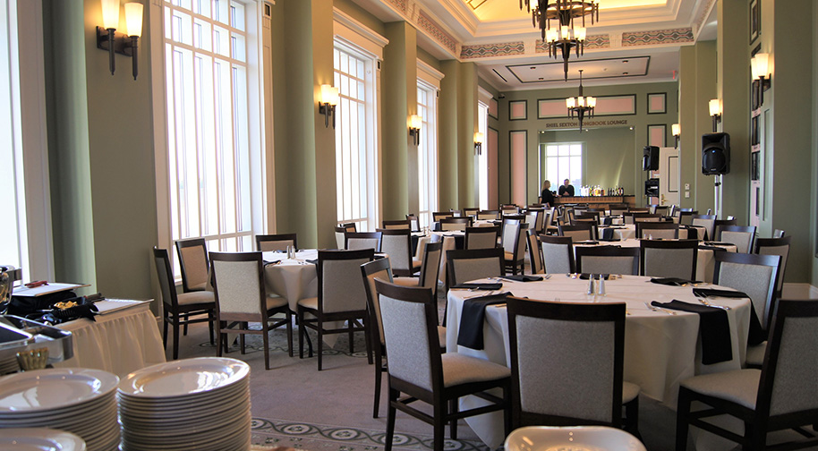 The Shiel Sexton Songbook Lounge at the top level of the Palladium is filled with tables and a buffet for a small dinner party.