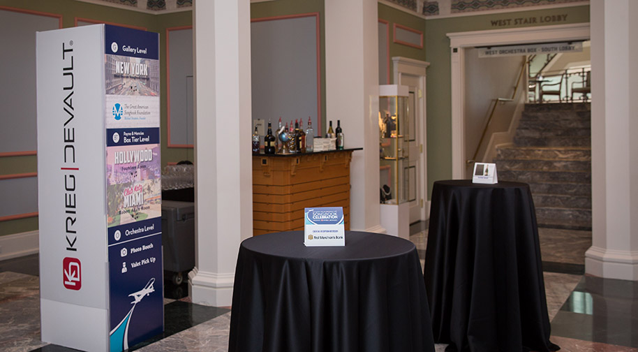 The West Lobby of the Palladium set up for a gala event featuring prominent recognition of a corporate partner.