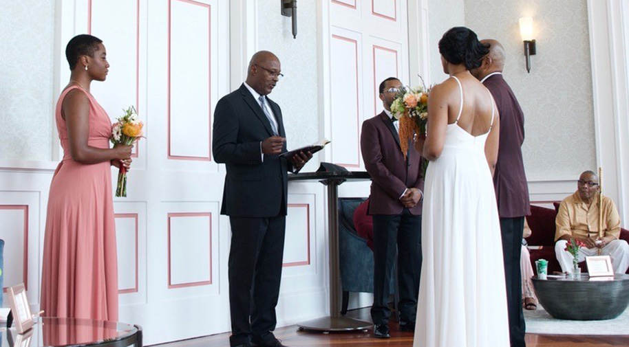 A wedding party prepares in the elegant Founders Club.