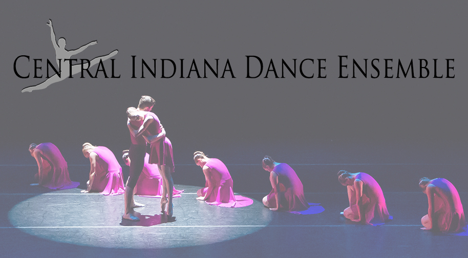 Two dancers, male and female, embrace on stage, while seven others kneel wearing fuschia gowns. Text reads "Central Indiana Dance Ensemble."