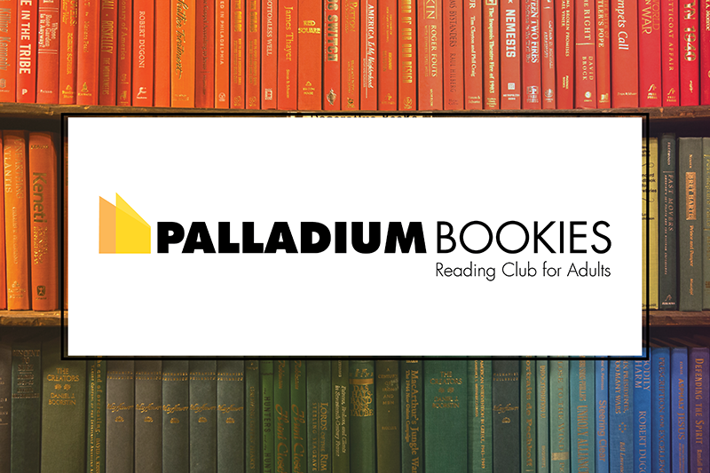 Palladium Bookies: Reading Club for Adults logo with a background of books arranged on shelves according to rainbow color order.