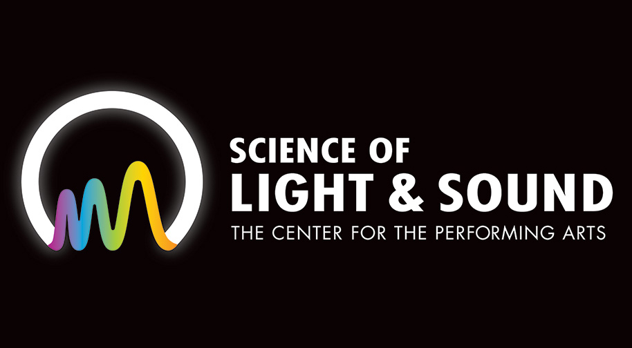 Science of Light & Sound at the Center for the Performing Arts with a logo made of a glowing ring of white light and a rainbow-colored wave.