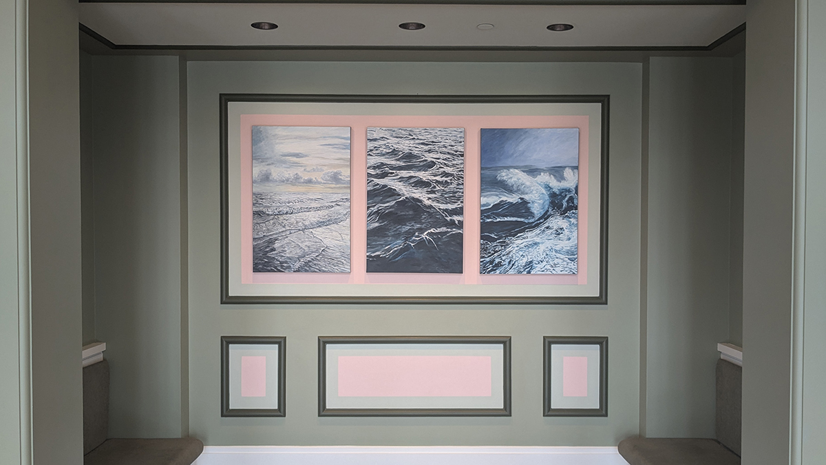 Three panels of a work depicting the sea churning in a range of blue tones from almost-white to near-black.